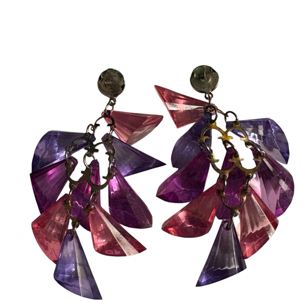 Pink Purple Statement Dangle Earrings Vintage Drop Cha Cha Chunky Translucent - Picture 10 of 15